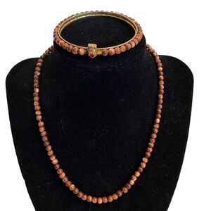 Vintage Goldstone and Natural Ruby Gemstone Beaded Bangle Bracelet Necklace Set